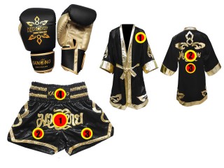 Muay Thai hanskat + mukautetut shortsit + mukautettu viitta: "Thai Power" Musta