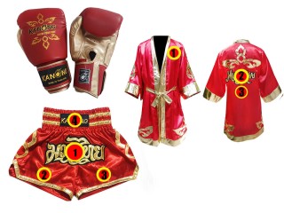 Muay Thai hanskat  + mukautetut shortsit + mukautettu viitta: "Thai Power" Punainen