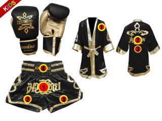 Muay Thai hanskat + mukautetut shortsit + mukautettu kylpytakki lapsille: "Thai Power" Musta