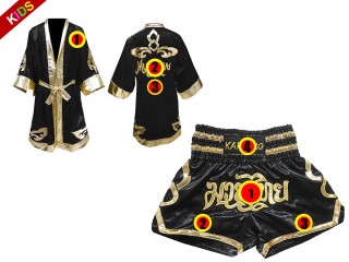 Kanong Thainyrkkeily Puvut  + Muay Thai Shortsit lapsille : Musta/Kulta