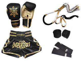 Nyrkkeilyhanskat ja muay thai -shortsit täysillä varusteilla : Setti-121-Musta