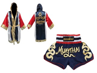 Kanong nyrkkeilyviitta  + Muay Thai Shortsit : Set-120-Robe-Laivastonsininen