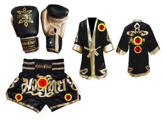 Muay Thai hanskat + mukautetut shortsit + mukautettu viitta: "Thai Power" Musta