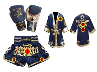 Muay Thai hanskat + mukautetut shortsit + mukautettu viitta: "Thai Power" Laivastonsininen