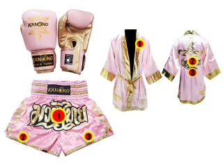 Muay Thai hanskat + mukautetut shortsit + mukautettu viitta: "Thai Power" Vaaleanpunainen