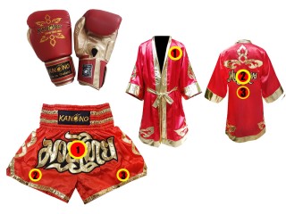 Muay Thai hanskat  + mukautetut shortsit + mukautettu viitta: "Thai Power" Punainen