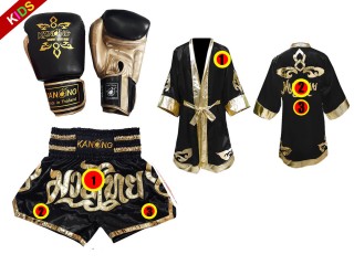 Muay Thai hanskat + mukautetut shortsit + mukautettu kylpytakki lapsille: "Thai Power" Musta