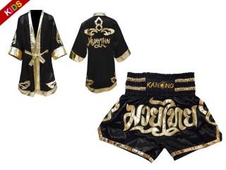 Kanong Thainyrkkeily Puvut  + Muay Thai Shortsit lapsille : Musta/Kulta