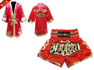 Kanong Thainyrkkeily Puvut (Fight Robe) + Muay Thai Shortsit lapsille : punainen/Kulta